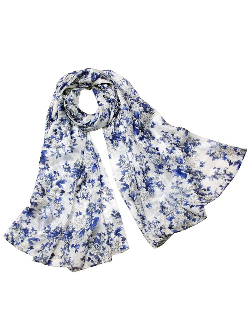 Blue Lace Scarf Women, Long Thin Scarf, White Floral Summer