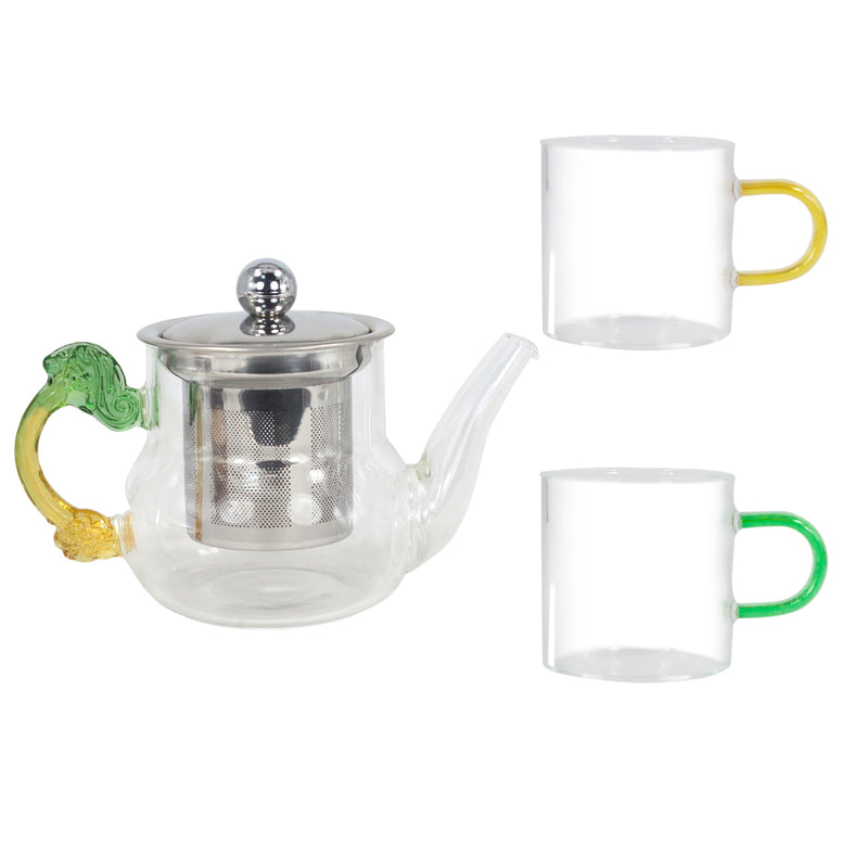 Dahlia Borosilicate Glass Tea Gift Set (Teapot W Infuser + 6 Colored Glass Handle Teacups)