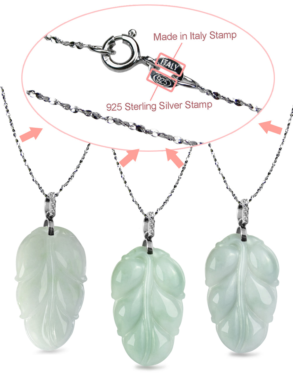Leaf Jade Necklace | Real Grade A Certified Burma Jadeite for Grace and Prosperity Sterling Silver Bale & Necklace M