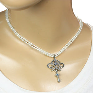 [product type] | Fleur-de-lis Seed Pearl Sterling Silver Pendant w. White Double Strand Cultured Pearl Chain - Dahlia Vintage Collection | Dahlia