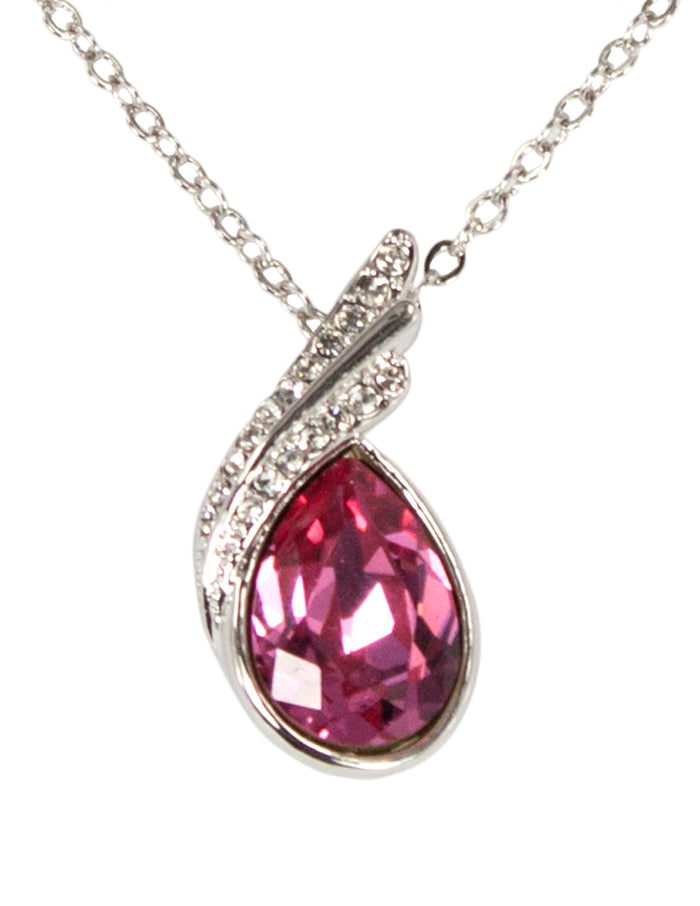 Water Drop Pendant Necklace w/ Swarovski Crystals | Rhodium Plated | Dahlia