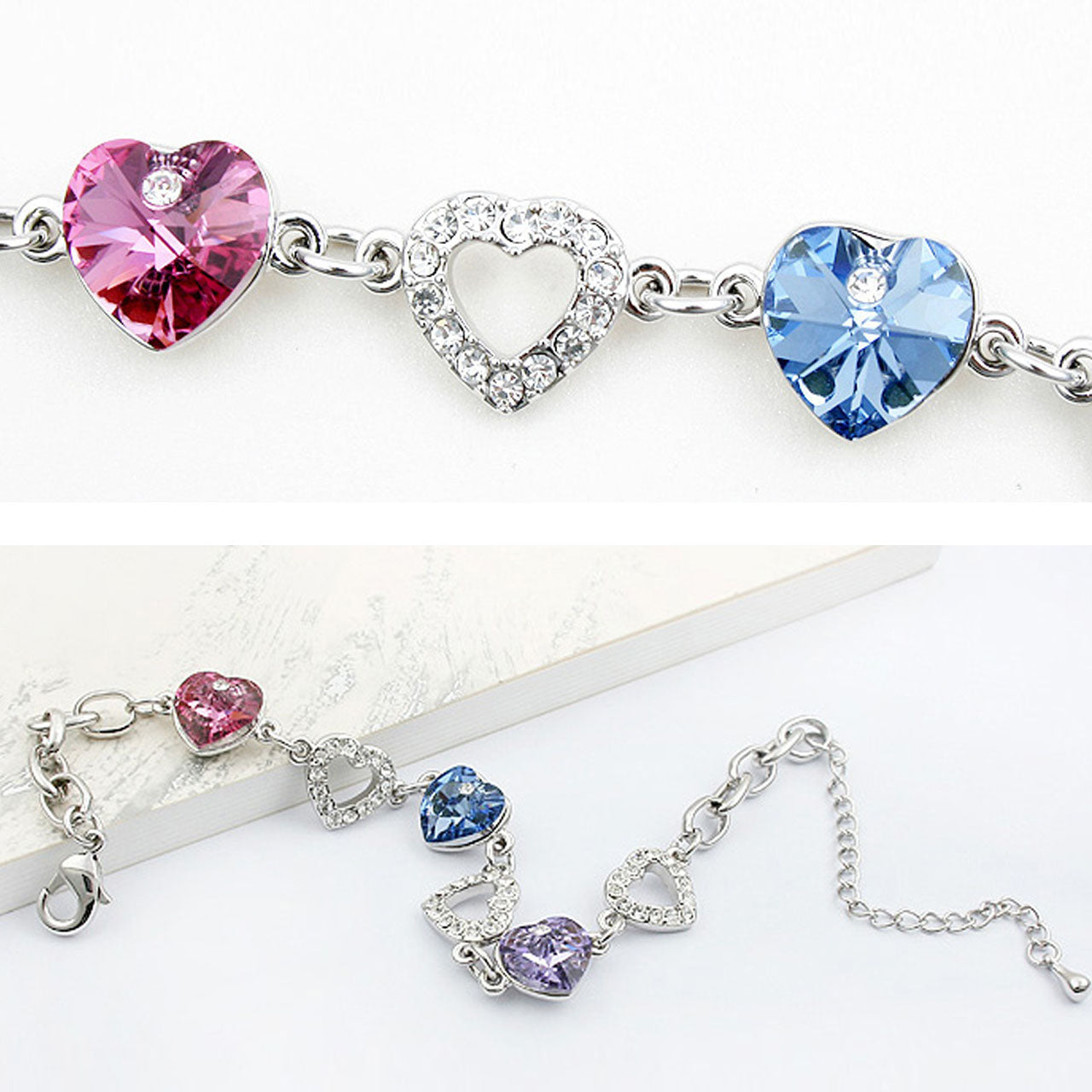 Colorful Hearts Bracelet w/ Swarovski Crystals | Rhodium Plated | Dahlia