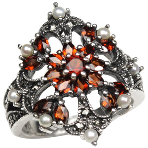 [product type] | Garnet Fire Burst Seed Pearl Sterling Silver Ring - Dahlia Vintage Collection | Dahlia