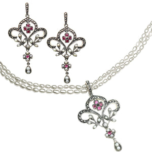 [product type] | Fleur-de-lis Seed Pearl Sterling Silver Pendant Necklace & Chandelier Earrings Set - Dahlia Vintage Collection | Dahlia