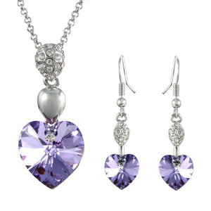 Sparkling Oval Dangle Heart Swarovski Crystal Elements Pendant Necklace and Earrings Set Rhodium Plated  | Dahlia