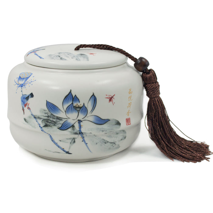 Dahlia Lotus Blue and White Porcelain Tea Canister with Tassel