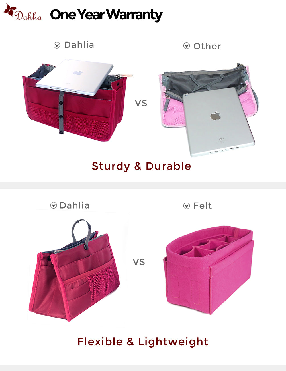 Dahlia's Patented Sturdy Flexible Handbag Purse Organizer Insert