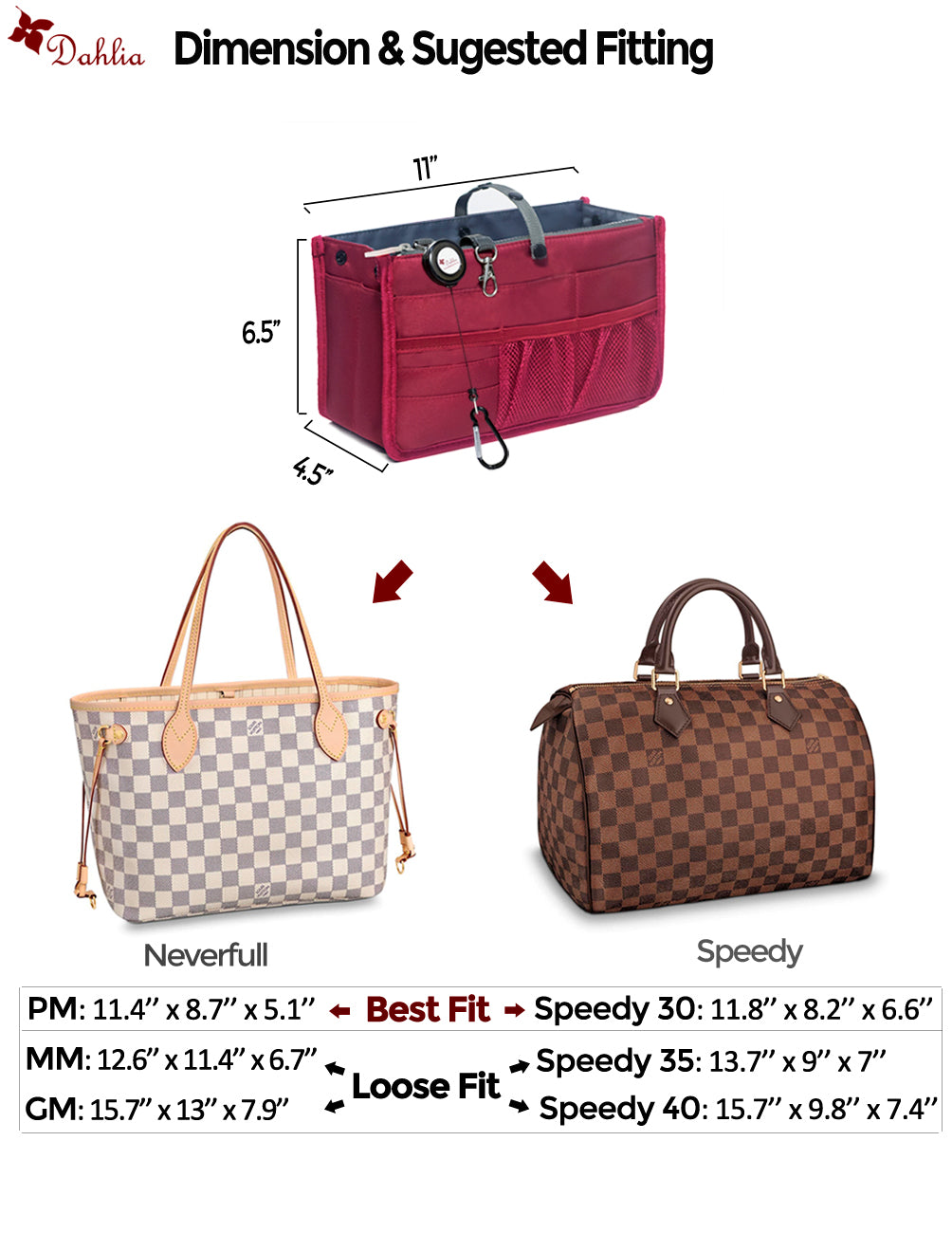 Handbag Purse Organizer Insert | Patented, Sturdy and Flexible Design | Dahlia Lavender