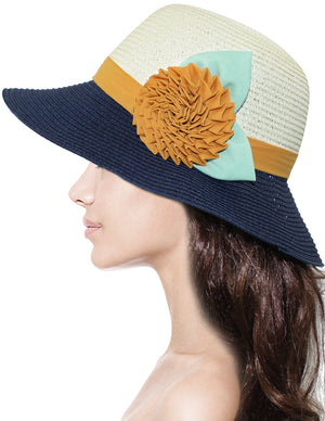 Single Flower Wide Brim Straw Summer Sun Hat - Navy Blue