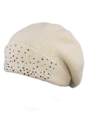 Angora Slouch Beanie Hat - Sparkling Rhinestones - Dahlia