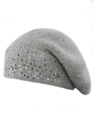 Angora Slouch Beanie Hat - Sparkling Rhinestones - Dahlia