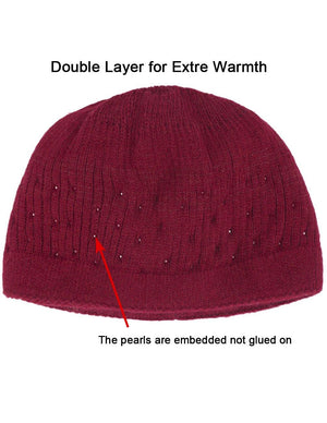 Angora Blend Beanie Hat - Dual Layer Pearl Accent Edge - Dahlia