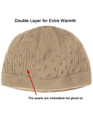 Angora Blend Beanie Hat - Dual Layer Pearl Accent Edge - Dahlia