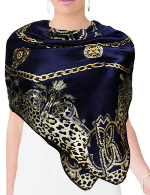 [product type] | 100% Luxury Square Silk Scarf - Leopard Chain Scroll Paisley | Dahlia