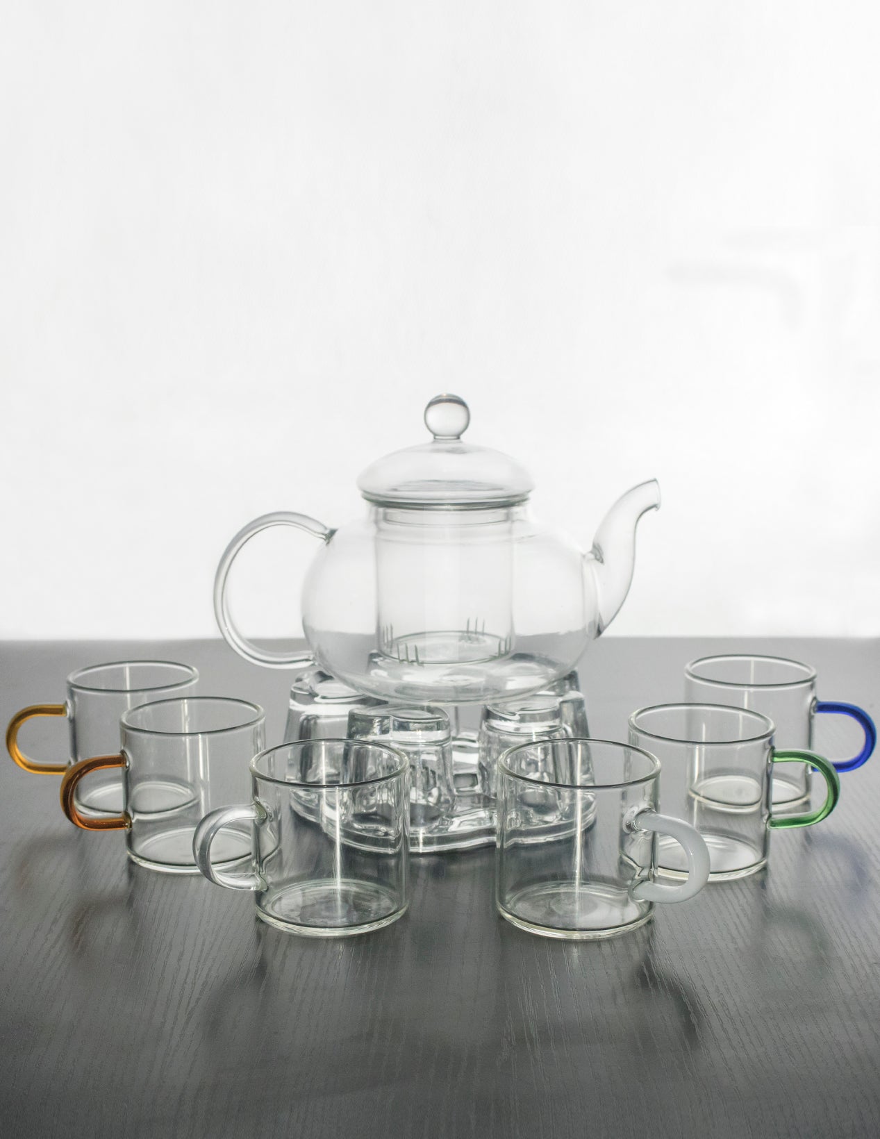 Dahlia Borosilicate Glass Tea Gift Set (Teapot w Infuser + 6 Colored G