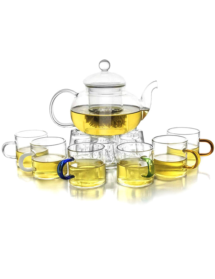 Dahlia Borosilicate Glass Tea Gift Set (Teapot w Infuser + 6 Colored Glass Handle Teacups)